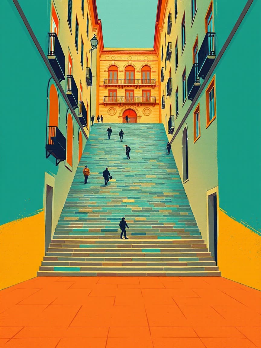 Illustriertes Plakat: Operación Mindfall: immersives Spiel in Málaga – Calle Ángel Ganivet, Málaga