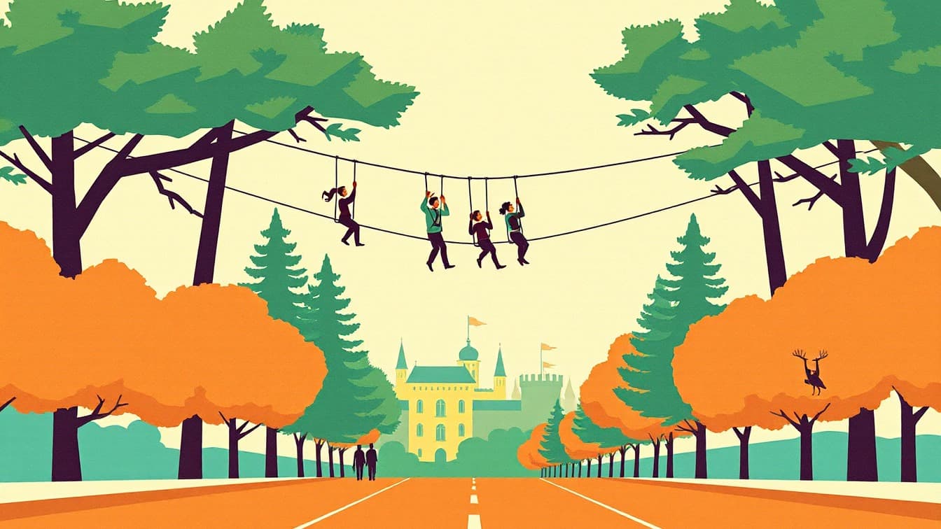 Иллюстрированная афиша: Тропы в парке приключений Tirolinas Go Alicante в Tirolinas Go Parque de Aventuras del Bosque de Alicante, Аликанте