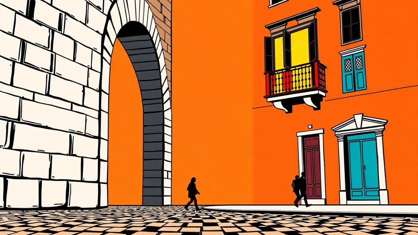 Illustriertes Plakat: 'Vom Theater zur Domus del Portico'. Geführte Tour – Museo del Teatro Romano, Cartagena