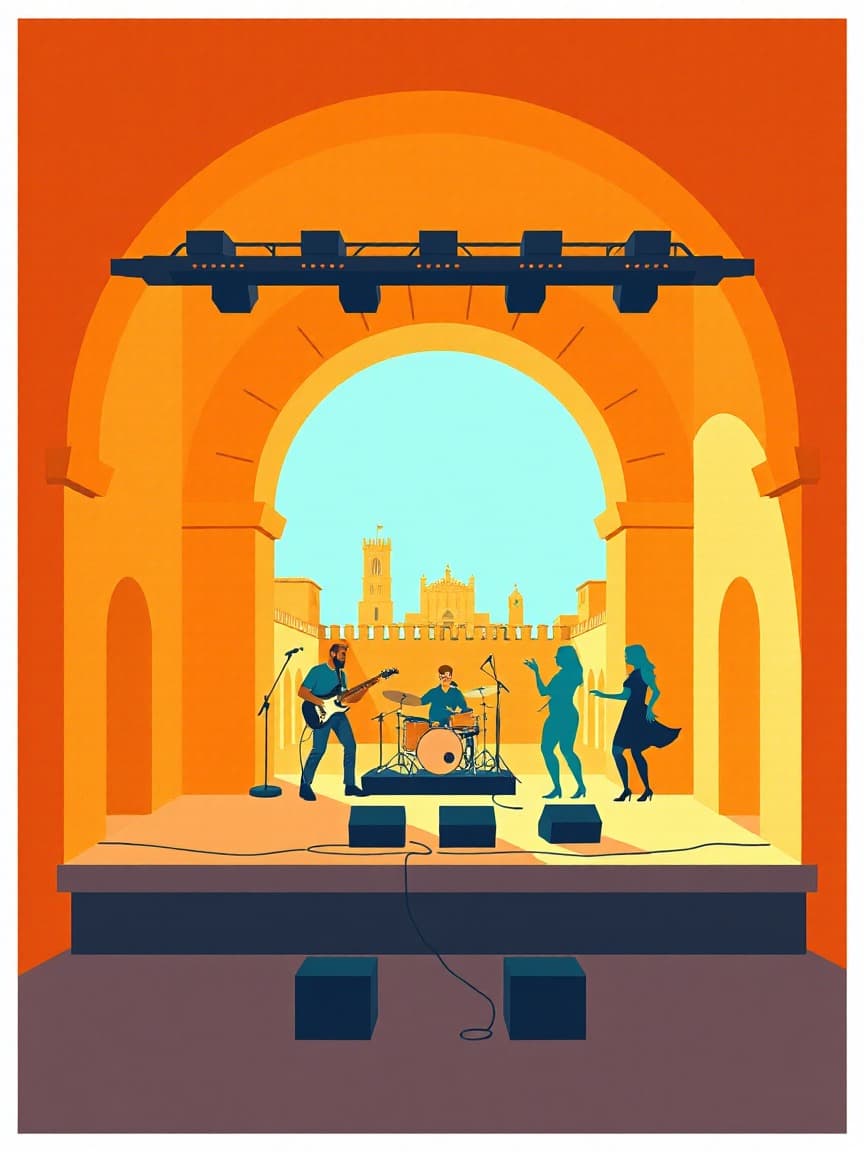 Cartel ilustrado: Campus Radio 3 con Arde Bogotá, Hoonine, Sistema Nervioso, joseluis y LA PATRI (Patio del antiguo CIM) en Cartagena