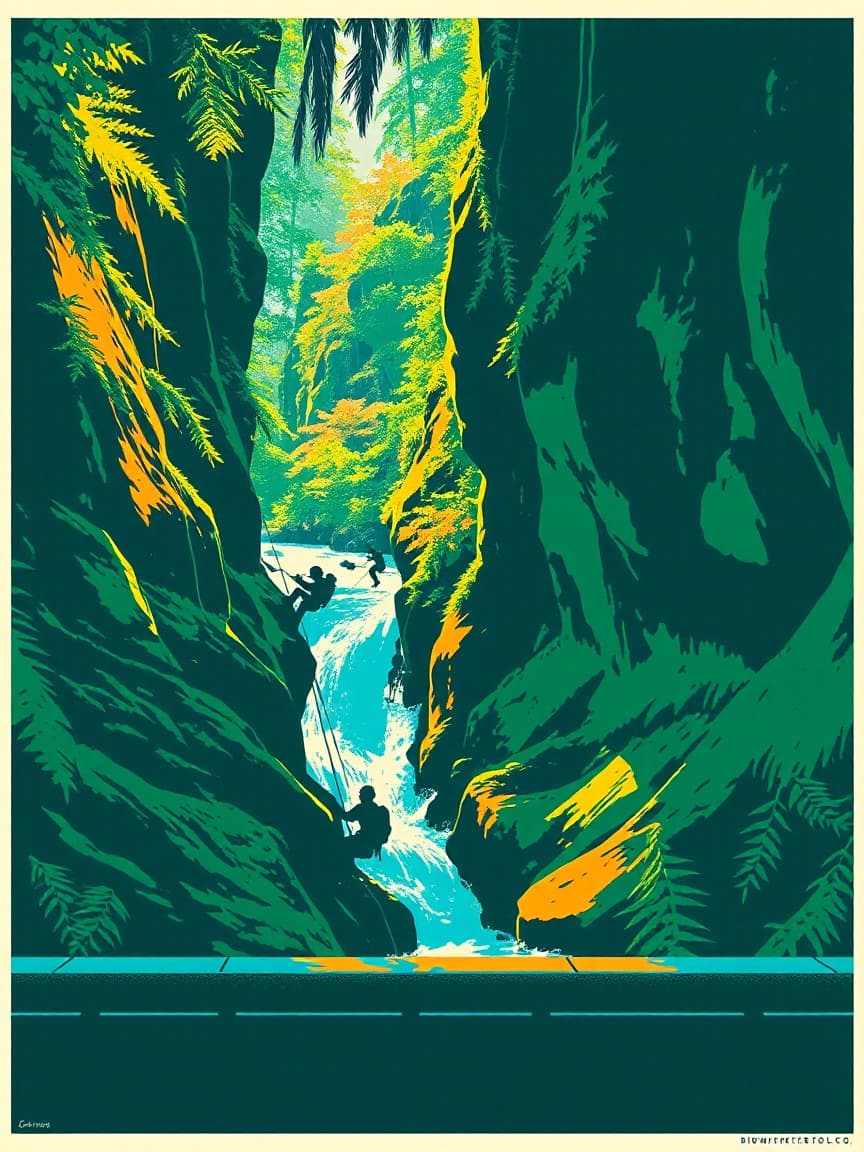 Illustrated poster: Canyoning Río Verde: Guided tour at Barranco Río Verde, Granada