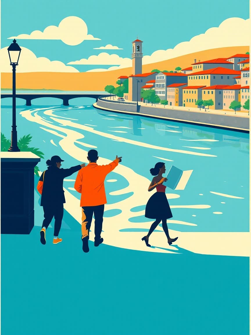 Illustriertes Plakat: Pack Aventura Sevilla: Busausflug + Panorama-Kreuzfahrt auf dem Guadalquivir + Geführte Besichtigung – Costurero de la Reina, Sevilla
