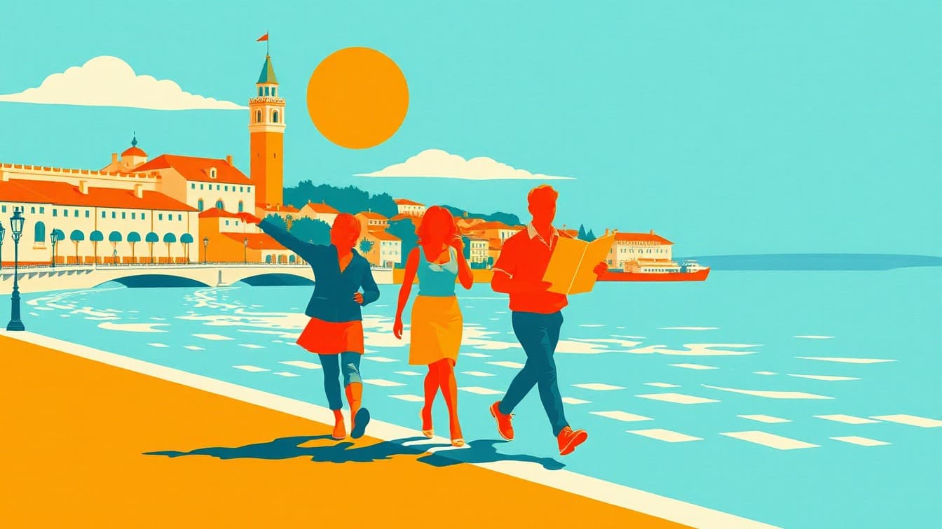 Illustriertes Plakat: Pack Aventura Sevilla: Busausflug + Panorama-Kreuzfahrt auf dem Guadalquivir + Geführte Besichtigung – Costurero de la Reina, Sevilla