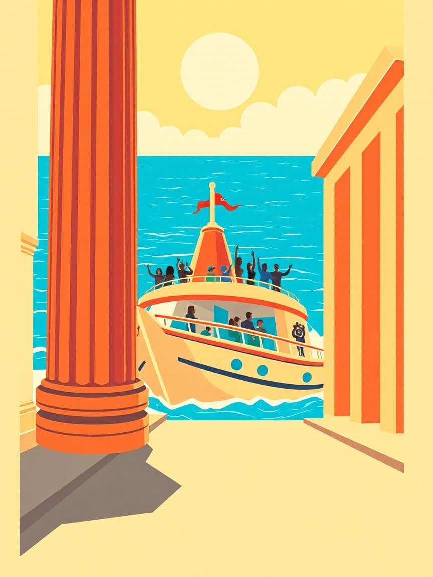 Illustrated poster: 'CARTAGENA ROMANA Y MEDITERRANEA'. Guided tour with boat trip in Cartagena
