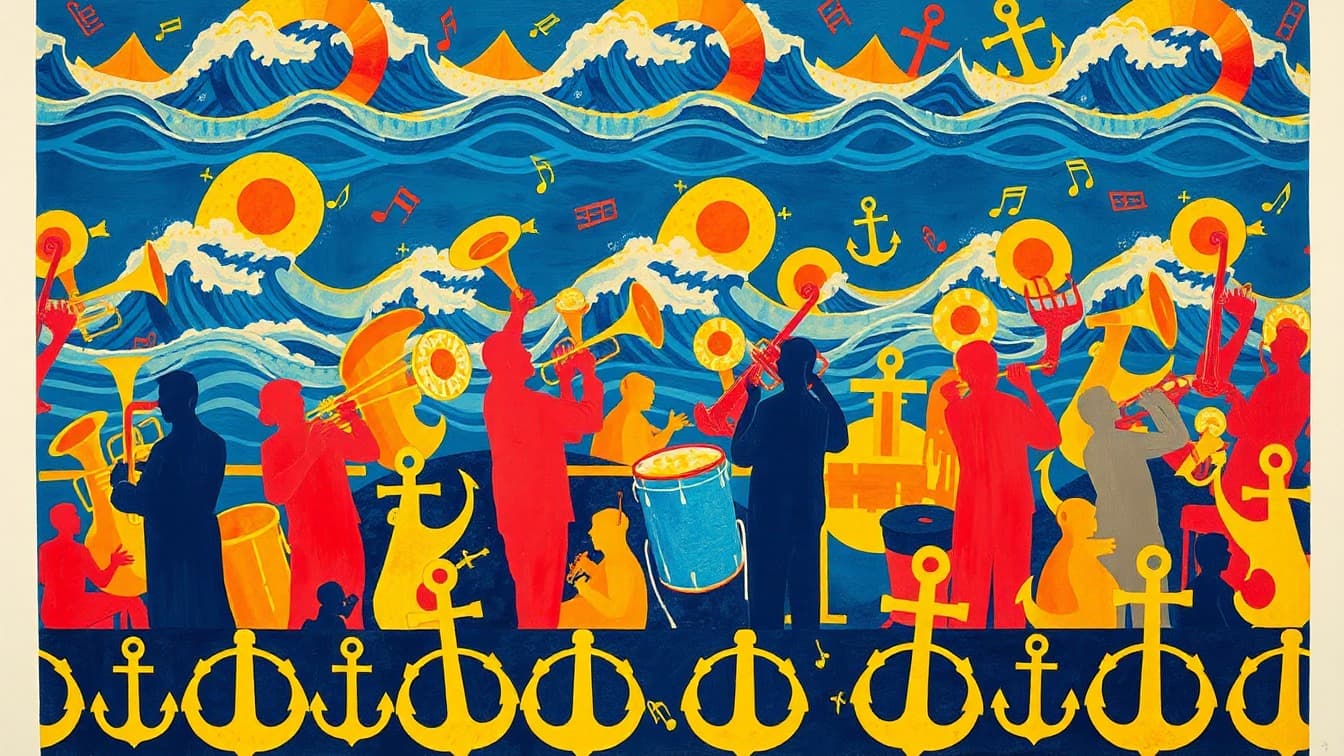 Cartel ilustrado: MÚSICA Y CONCIERTOS: V Ciclo de conciertos. ' De mar, puerto y bandas' en Cartagena