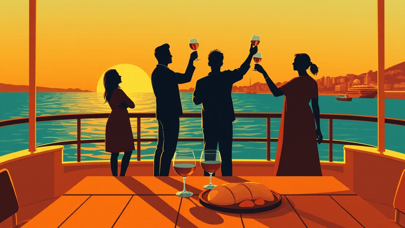 Illustrated poster: Sunset cruise in Málaga and dinner at the port at Paseo del Muelle Uno, Malaga