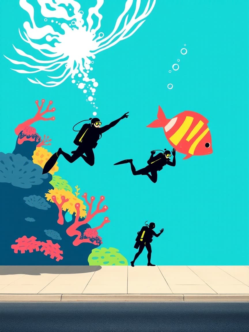 Illustrated poster: Los Cristianos: Guided diving class at Tenerife water activities, Adeje