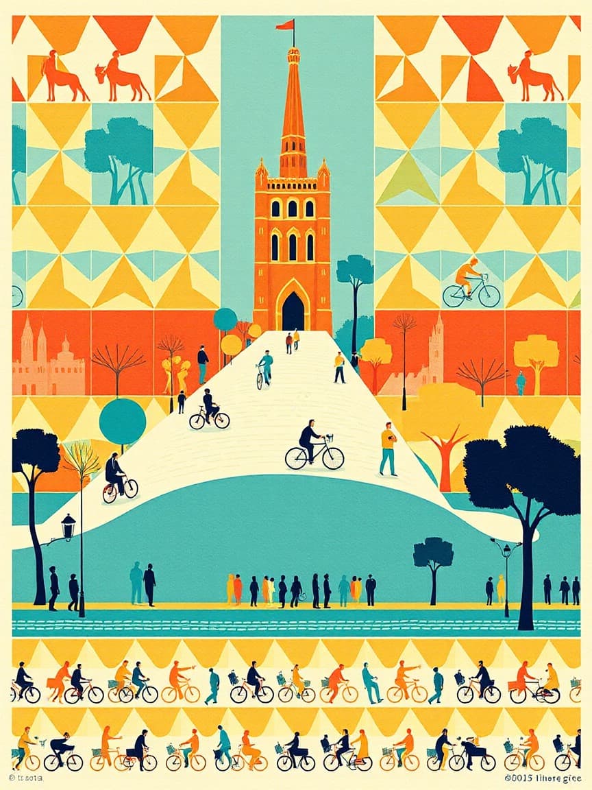 Illustriertes Plakat: Sevilla: CitySightseeing Autobús Hop-on Hop-off, Museo del Flamenco + Fahrradverleih – Costurero de la Reina, Sevilla
