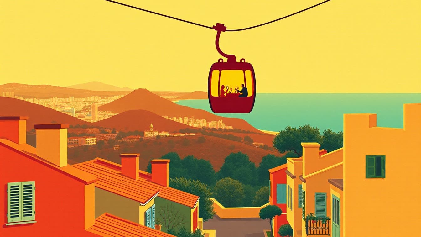 Illustrated poster: Restaurante Altamar: Experience Dinner at Teleférico de Barcelona (Teleférico del puerto)