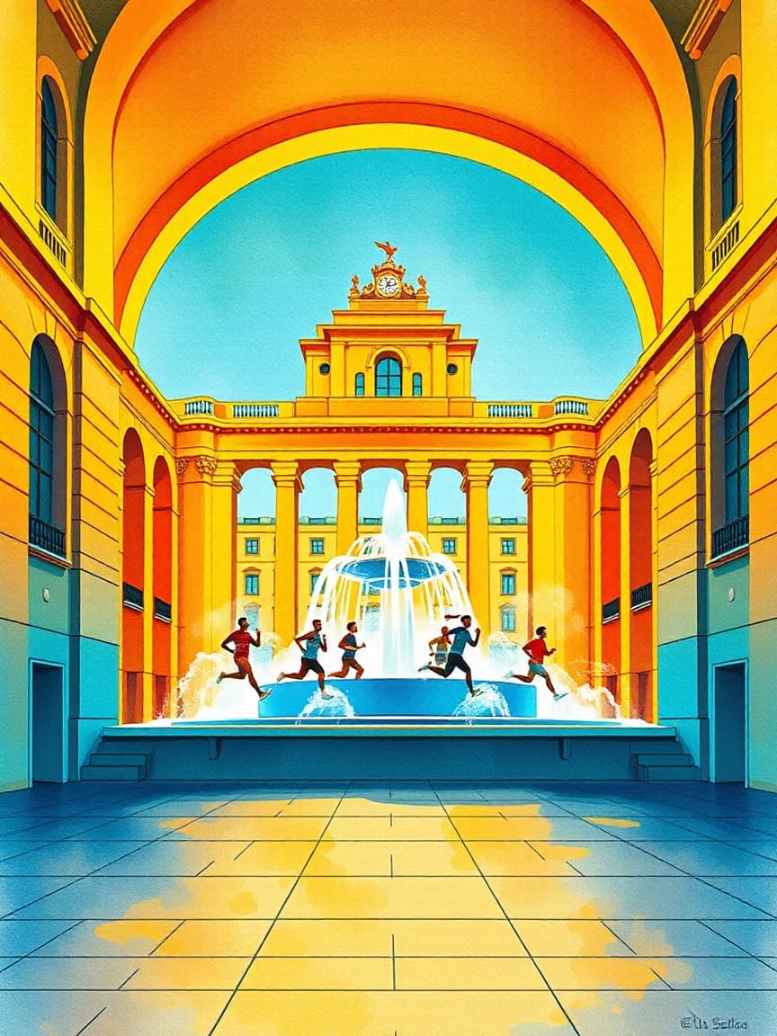 Illustrated poster: Running tour of Barcelona: keep training, keep exploring at Plaza de España, Barcelona