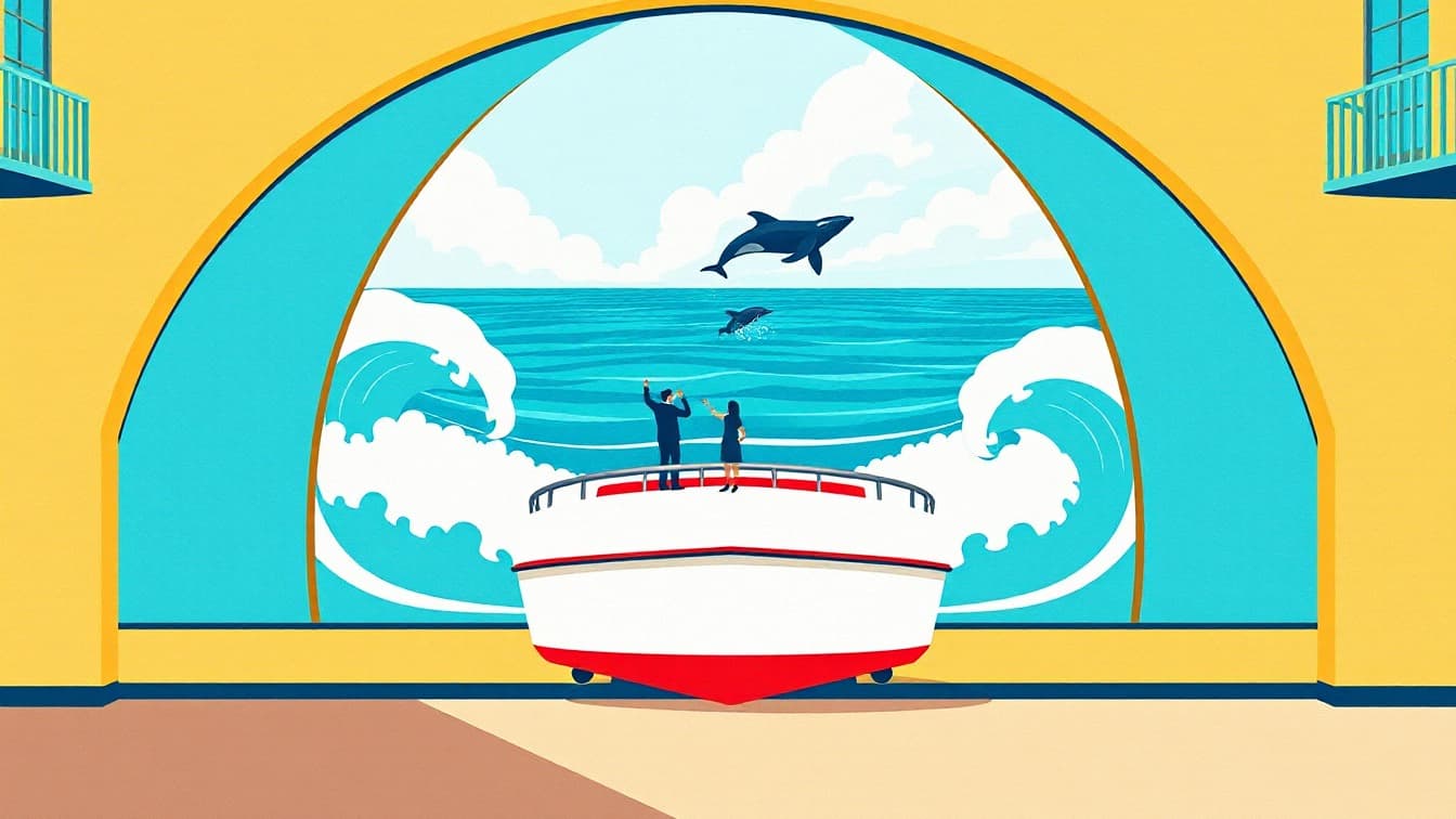 Locandina illustrata: Costa Adeje: Crociera guidata di 2 ore per avvistare balene e delfini presso Cruceros en Los Cristianos, Santa Cruz de Tenerife