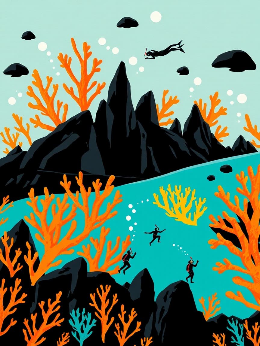 Locandina illustrata: Los Cristianos: Snorkeling su una barriera lavica presso Tenerife water activities, Adeje