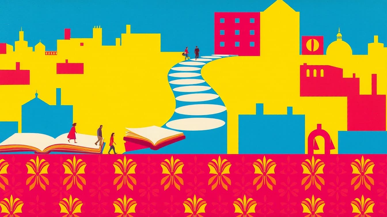 Cartel ilustrado: Libros al ritmo de la música con Dj Pon en la Feria del Libro en Zona Kiosko del parque de La Florida, Vitoria-Gasteiz