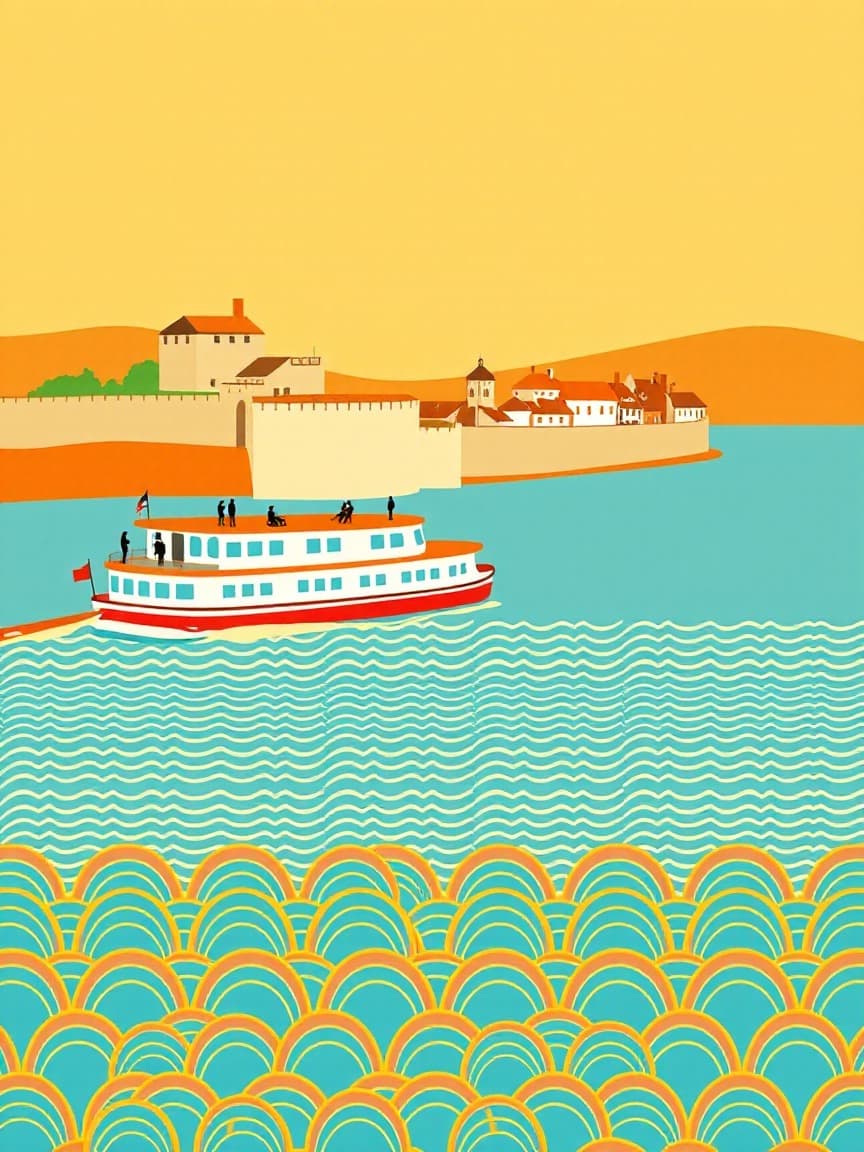 Illustriertes Plakat: Sevilla: Geführte Bootsfahrt auf dem Guadalquivir – Real Alcázar de Sevilla