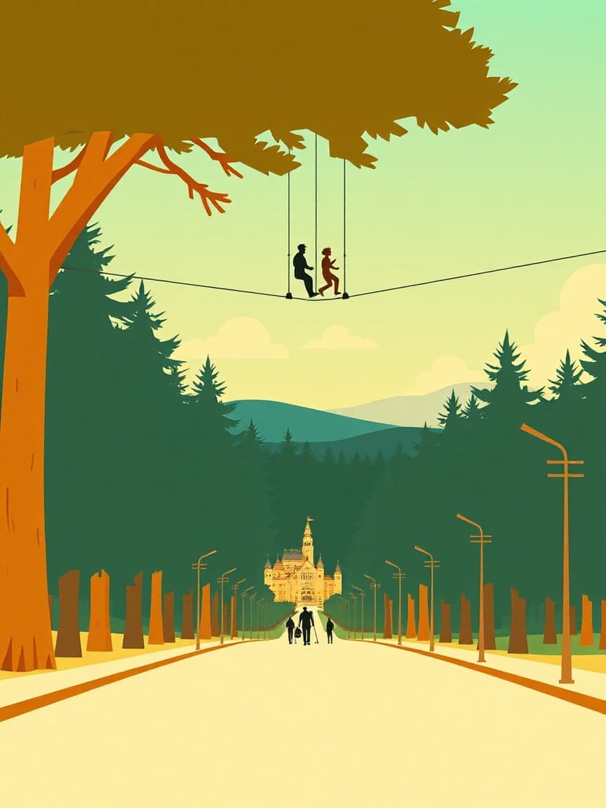 Иллюстрированная афиша: Тропы в парке приключений Tirolinas Go Alicante в Tirolinas Go Parque de Aventuras del Bosque de Alicante, Аликанте