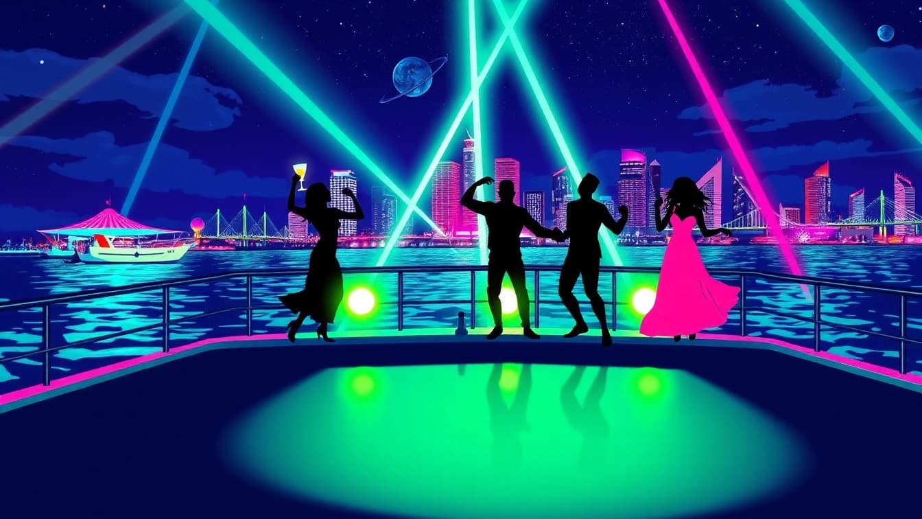 Illustriertes Plakat: Barcelona: AFTERWORK-Kreuzfahrt auf einem Katamaran mit Musik und Getränken – Port Olímpic Barcelona