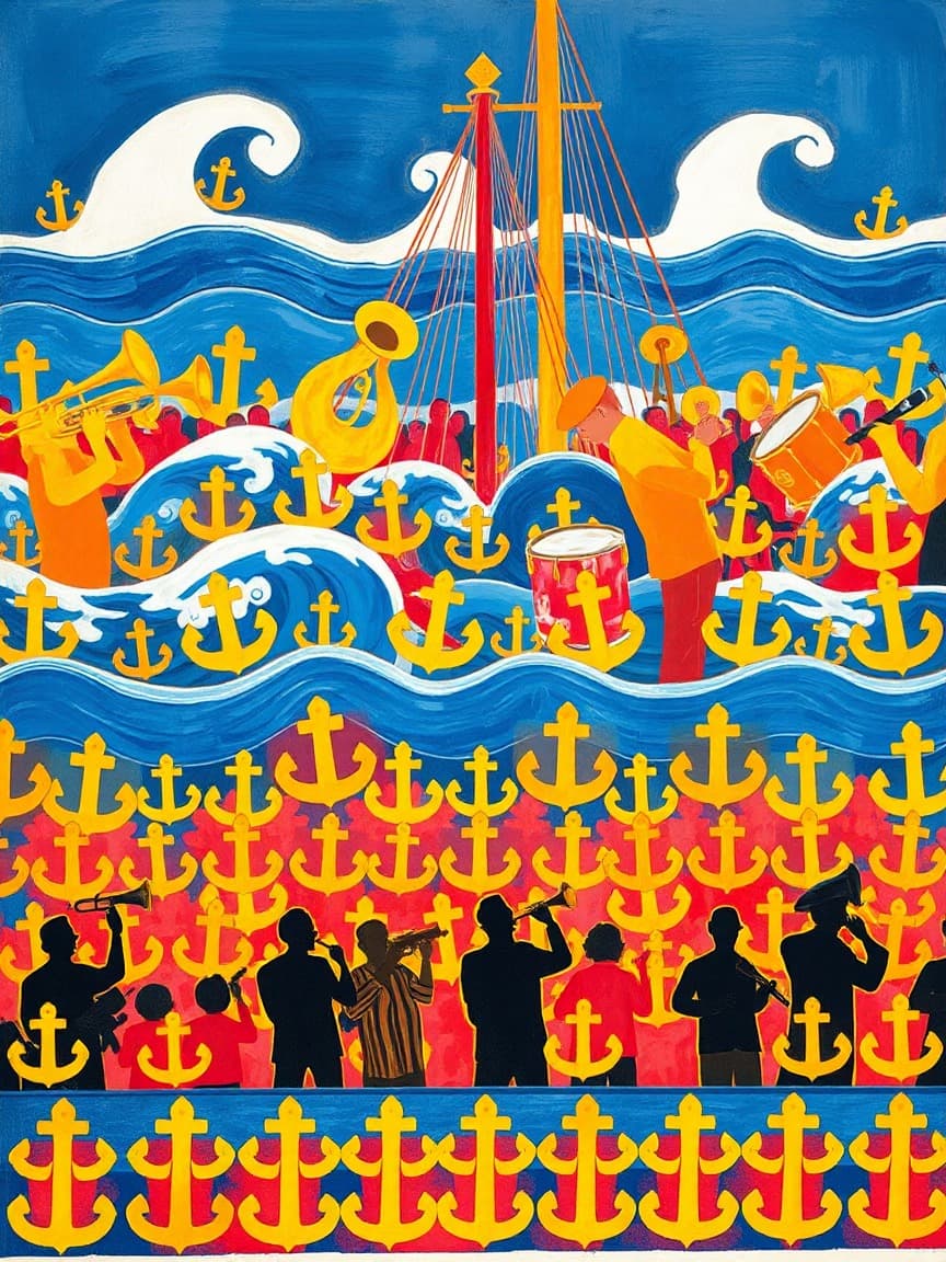 Cartel ilustrado: MÚSICA Y CONCIERTOS: V Ciclo de conciertos. ' De mar, puerto y bandas' en Cartagena