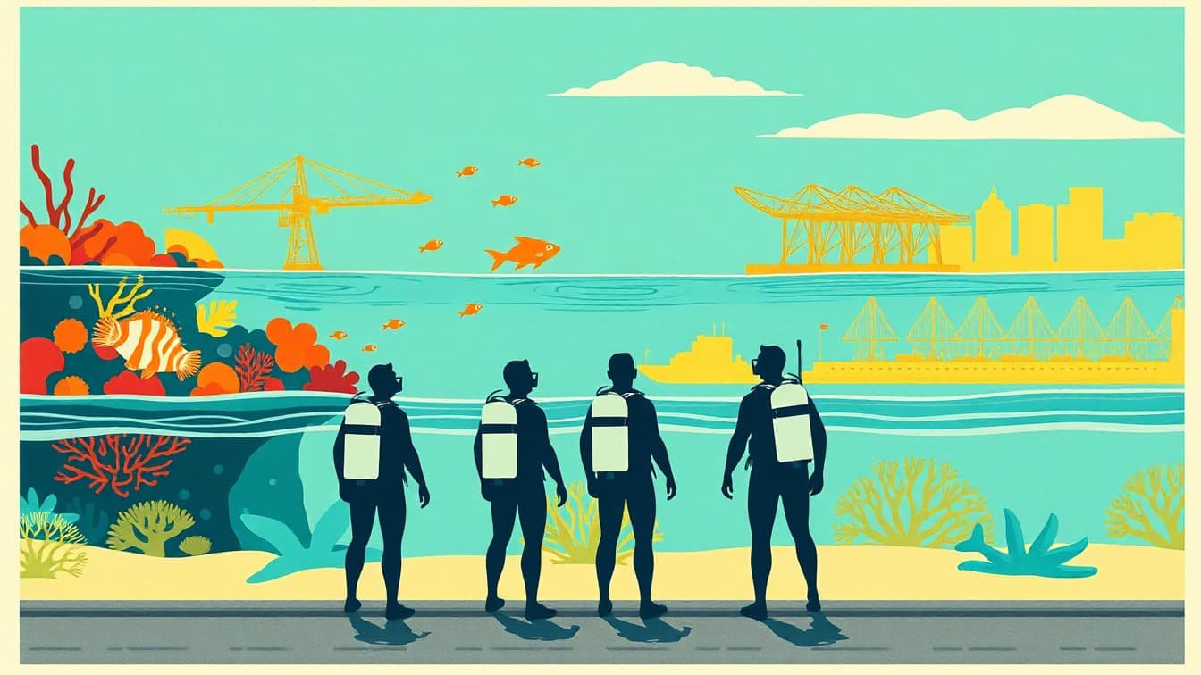 Illustriertes Plakat: BARCELONA: TAUCHER-TAUFFE — Tauchen Sie ein und Erleben Sie Unterwasser-Erlebnisse -2h – Port Olímpic Barcelona