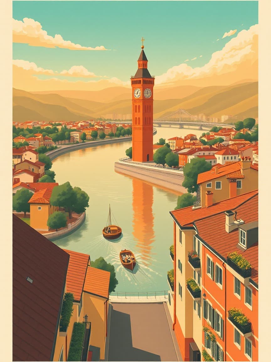Illustriertes Plakat: Denkmalroute auf dem Río Guadalquivir mit dem Kreuzfahrtschiff – Torre del Oro, Sevilla