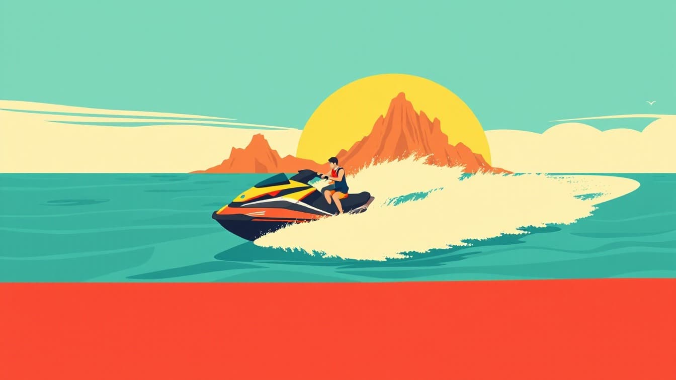 Illustriertes Plakat: Jet Ski-Erlebnis rund um die Insel Dragonera – Avinguda de Gabriel Roca i Garcías, 4, Andratx