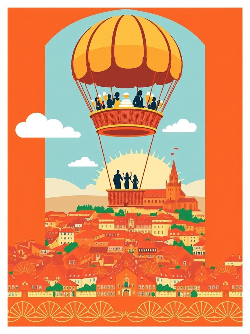 Illustriertes Plakat: Ballonfahrt mit Frühstück und Cava in Toledo – Vuelos en globo Toledo