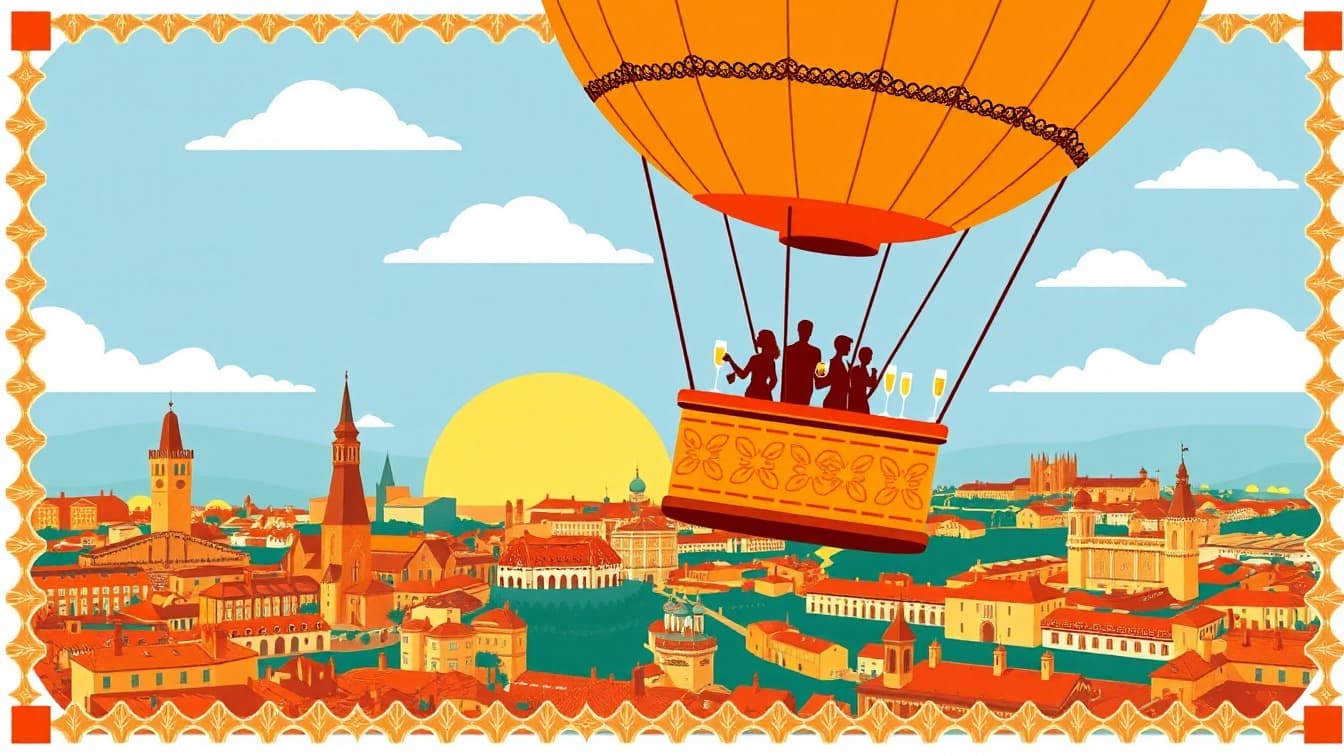 Illustriertes Plakat: Ballonfahrt mit Frühstück und Cava in Toledo – Vuelos en globo Toledo